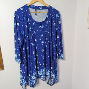White Mark 3XL Cobalt‎ Blue and White Polka Dot + Floral Tunic